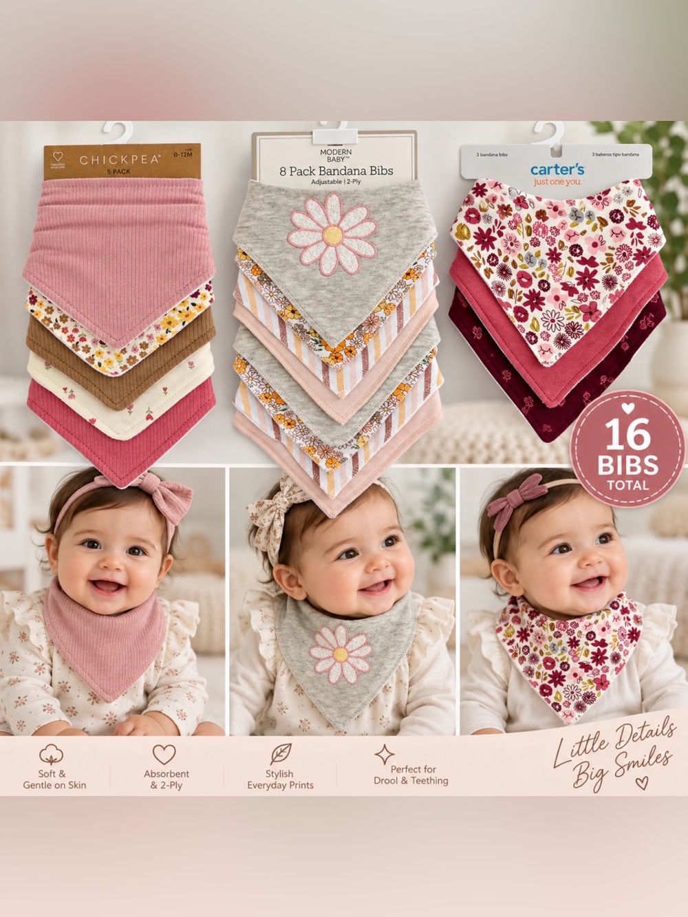 16pc NEW Baby Girl Bandana Bib Bundle Carter’s Chickpea Modern Baby Floral